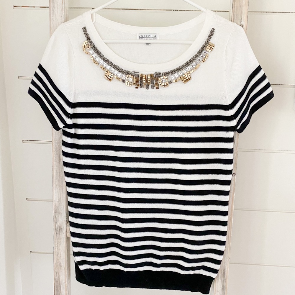 Embellished Striped Short Sleeve Sweater